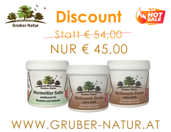 Discount 2 Stk. Gruber-Natur Weihrauch Creme extra stark 200 ml + 1 Stk. Gruber-Natur Murmeltier Salbe 200 ml